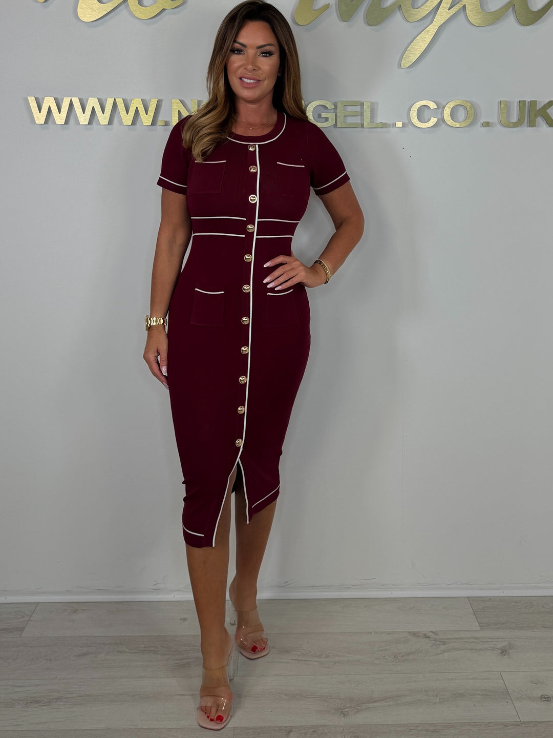 Short Sleeve Gold Button White Trim Midi Dress ( 4 Colours )