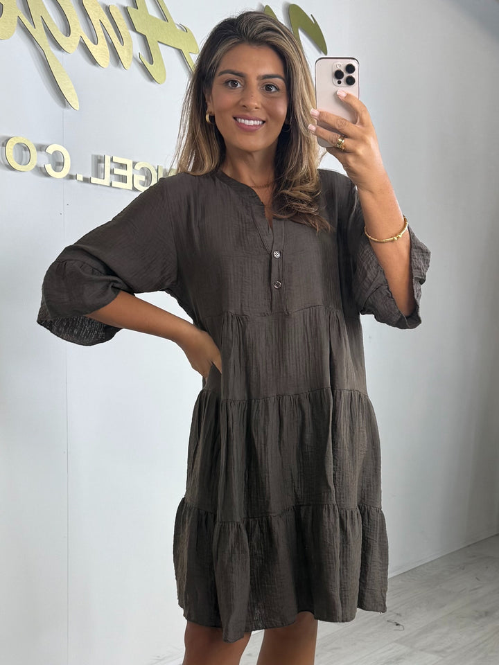 Button V-Neck Tiered Bell Sleeve Swing Dress (4 Colours)