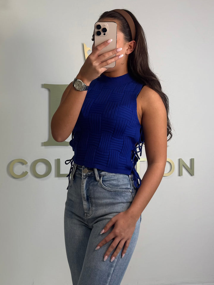 Royal Blue Woven Look Turtle Neck Tie Side Top