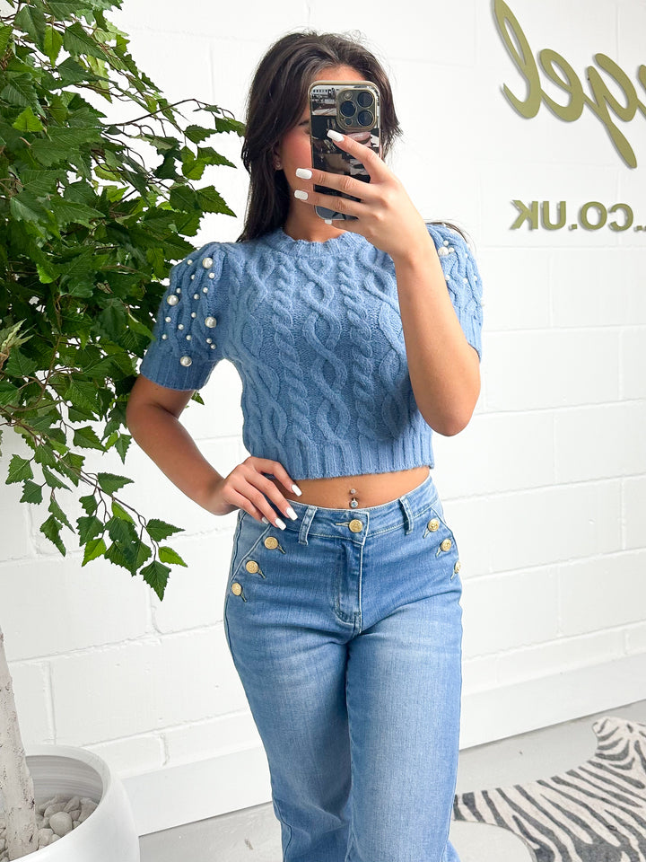 Knitted Puff Sleeve Pearl Detail Cropped Jumper ( 2 colours )