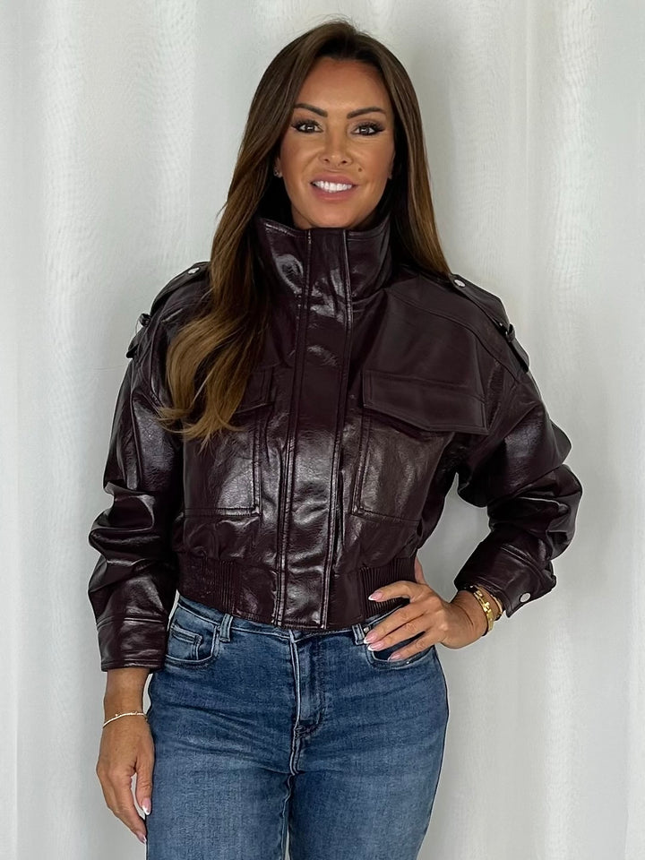 Faux Leather Front Pocket Funnel Neck Jacket