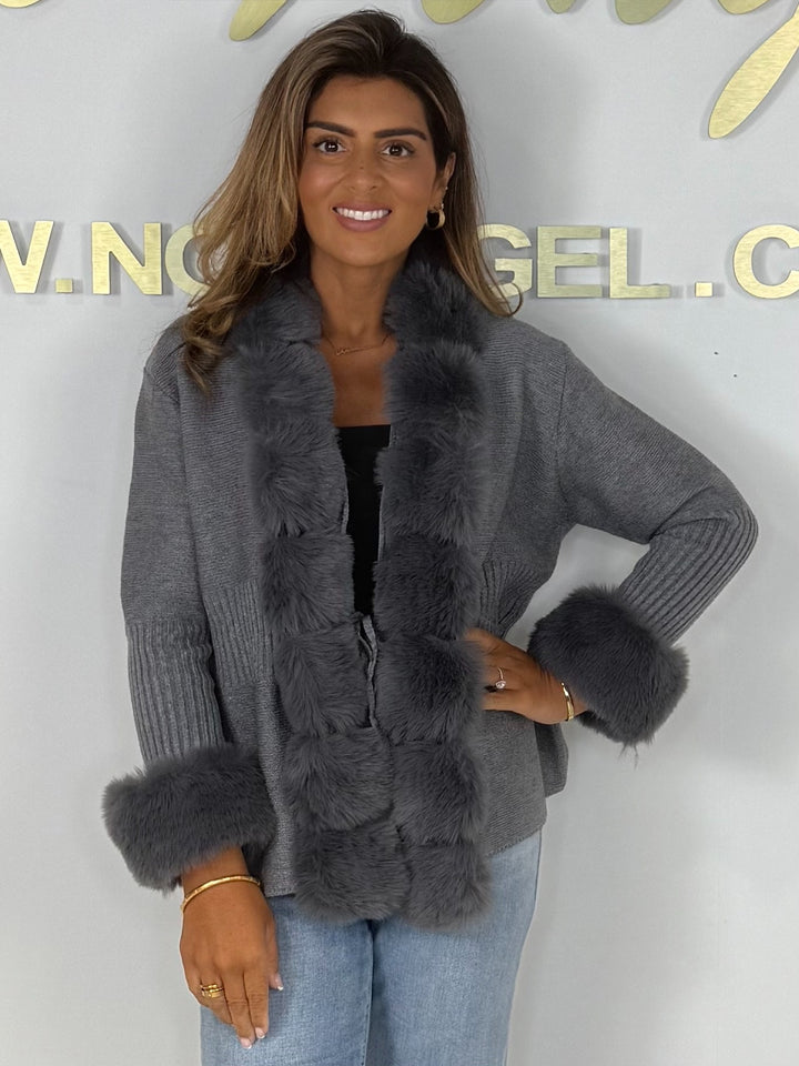 Faux Fur Trim Thick Knit Drawstring Detail Cardigan (4 Colours)