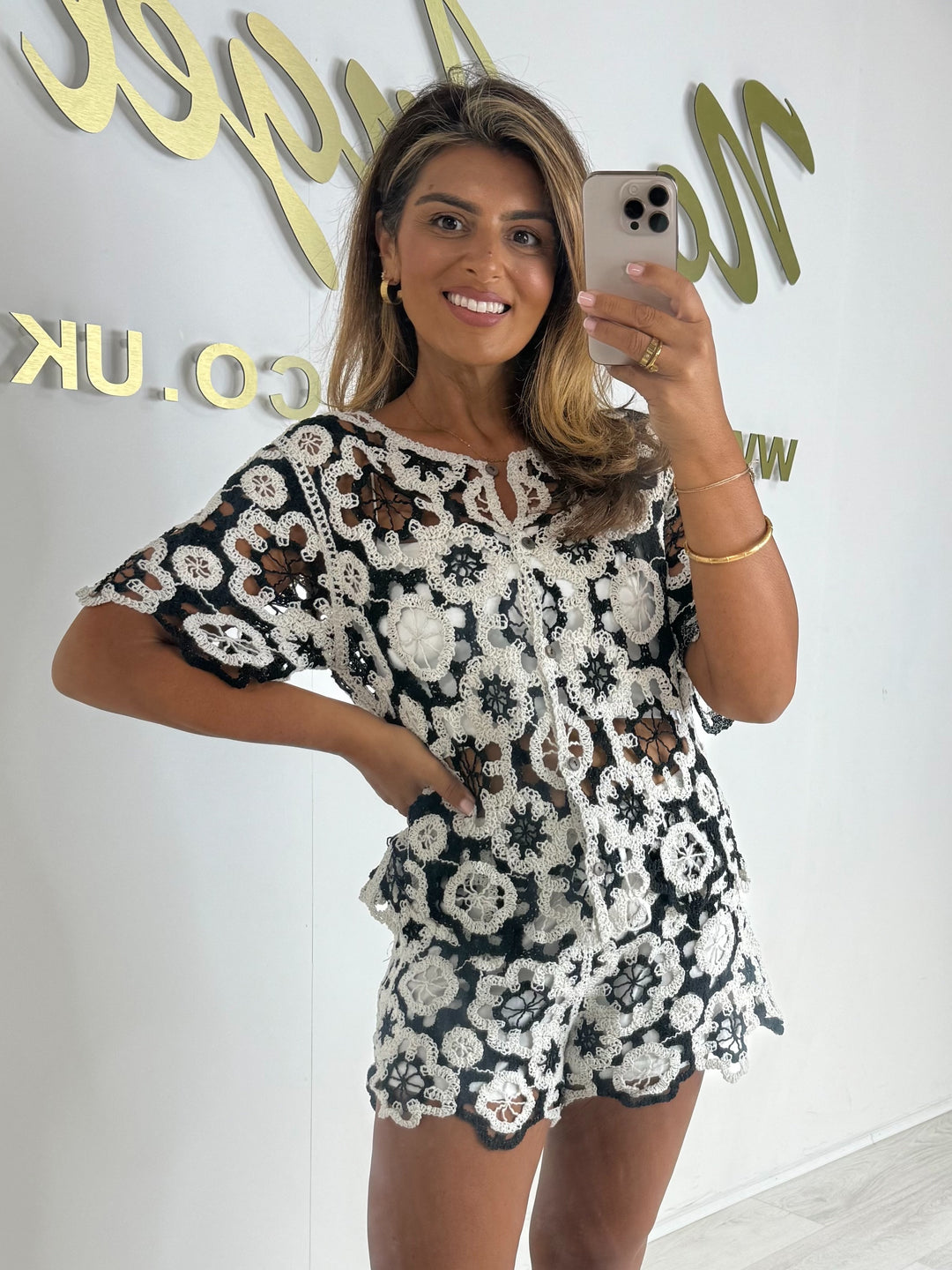 Black/White Flower Detail Crochet Shorts Set Co-ord
