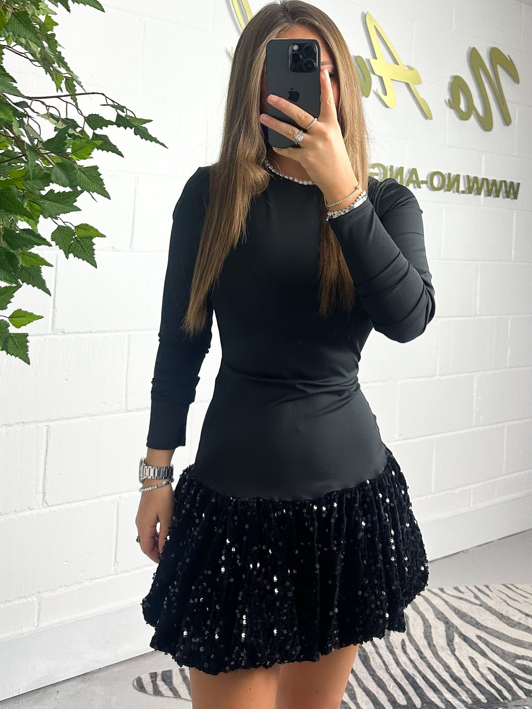 Long Sleeve Sequin Bottom Puff Ball Dress (2 Colours)