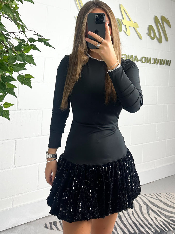 Long Sleeve Sequin Bottom Puff Ball Dress (2 Colours)