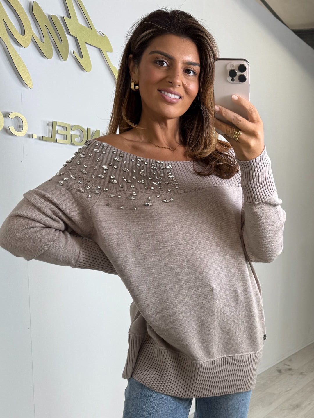 Mink Off Shoulder Diamante Trim Soft Knit Jumper
