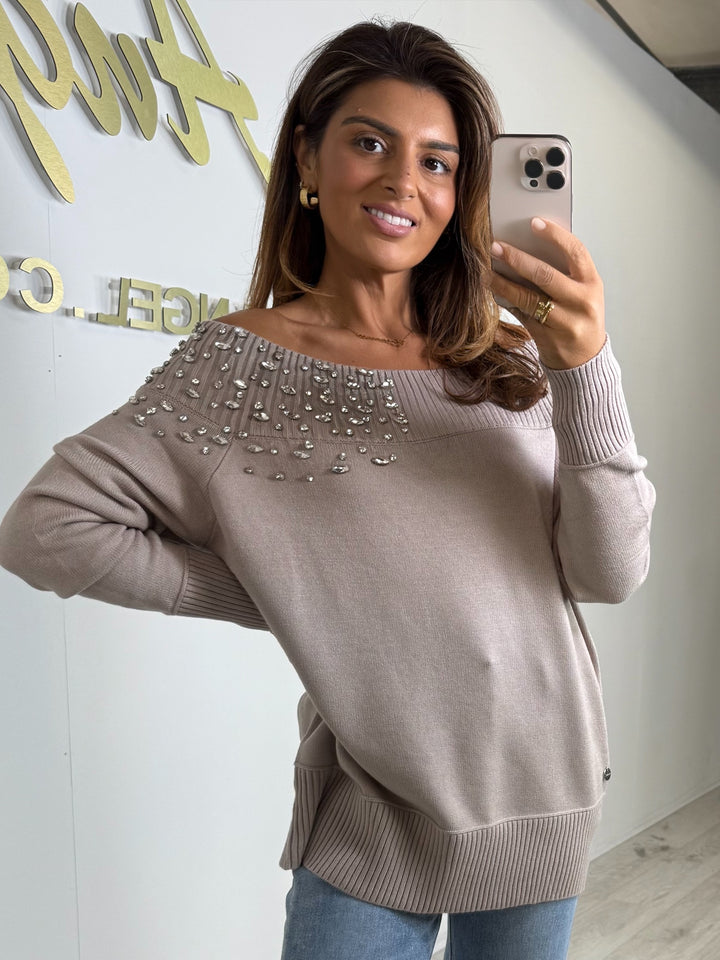 Mink Off Shoulder Diamante Trim Soft Knit Jumper