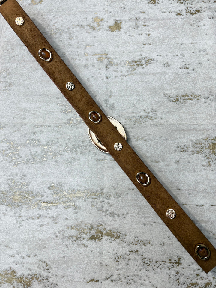 Gold Stone And Stud Suedette Thin Belt (3 Colours)