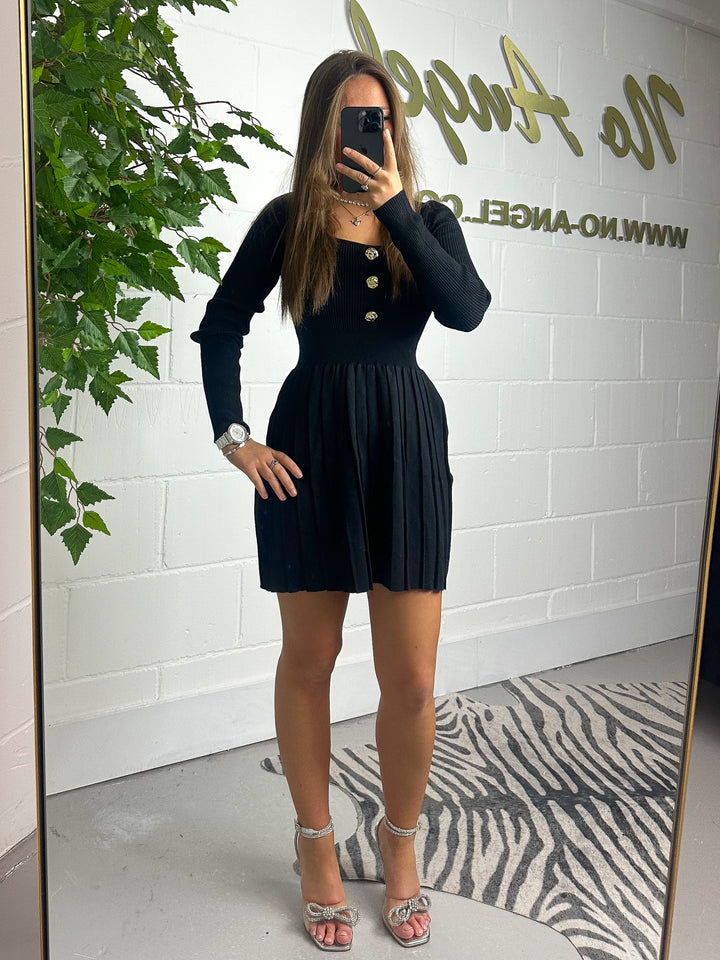 Black Square Neck Pleated Bottom Gold Button Skater Dress