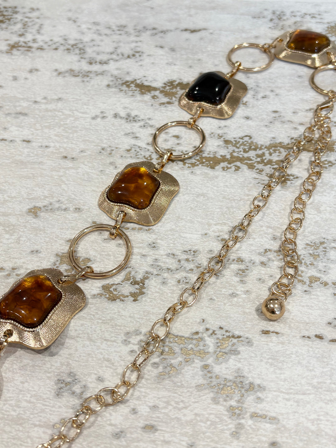 Gold Chain Belt With Brown And Black Stone Detail