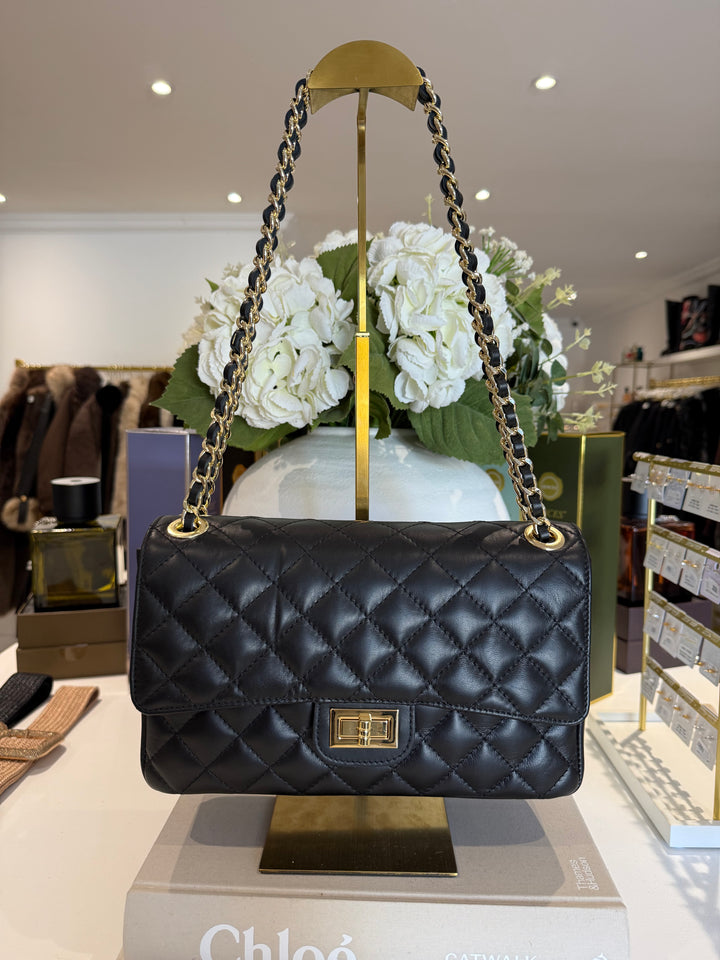 Large Genuine Leather Quilted Turn Lock Chain Handle Handbag (2 Colours)