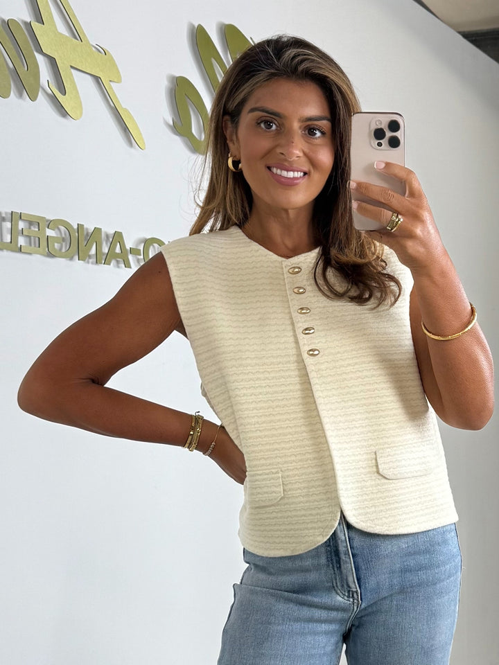 Sleeveless Gold Button Front Split Waistcoat