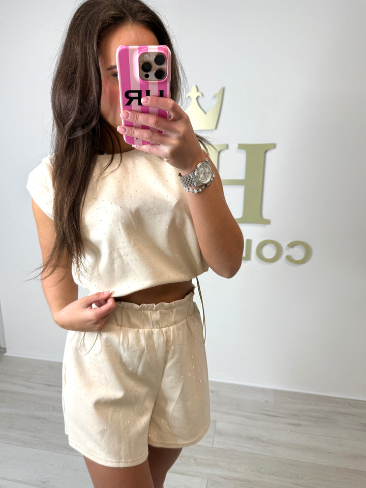 Shoulder Pad Jewelled Drawstring Top & Shorts Co-ord (2 Colours)