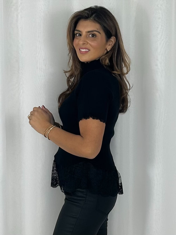 Lace Trim Ribbed High Neck Short Sleeve Top (4 Colours)