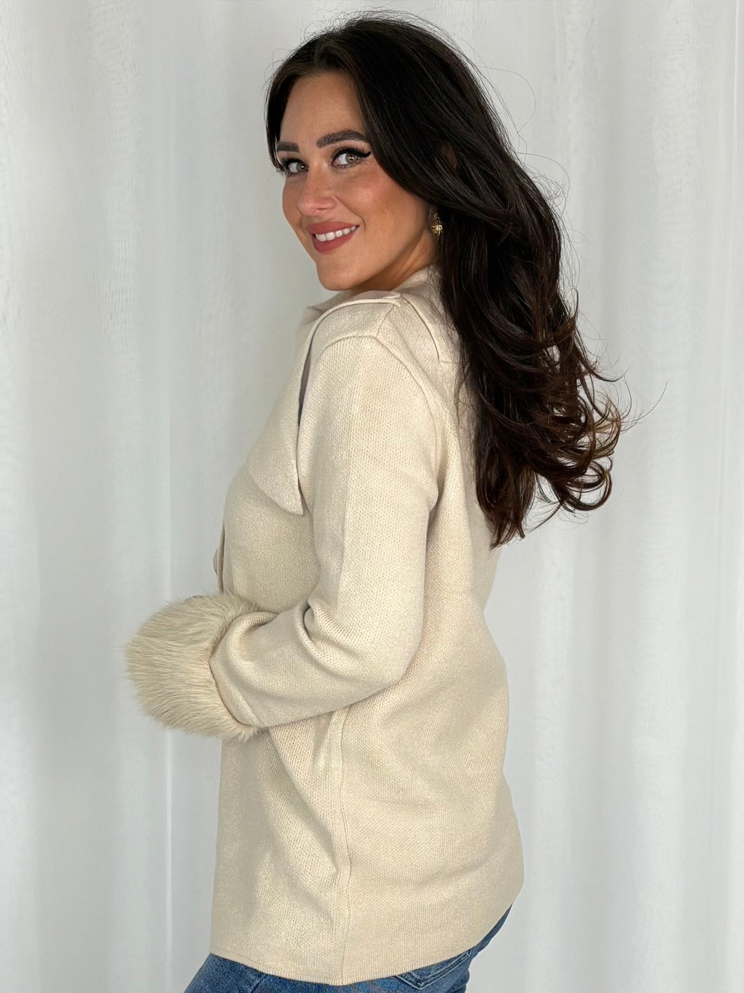 Faux Fur Cuff Double Breasted Knit Cardigan (4 Colours)