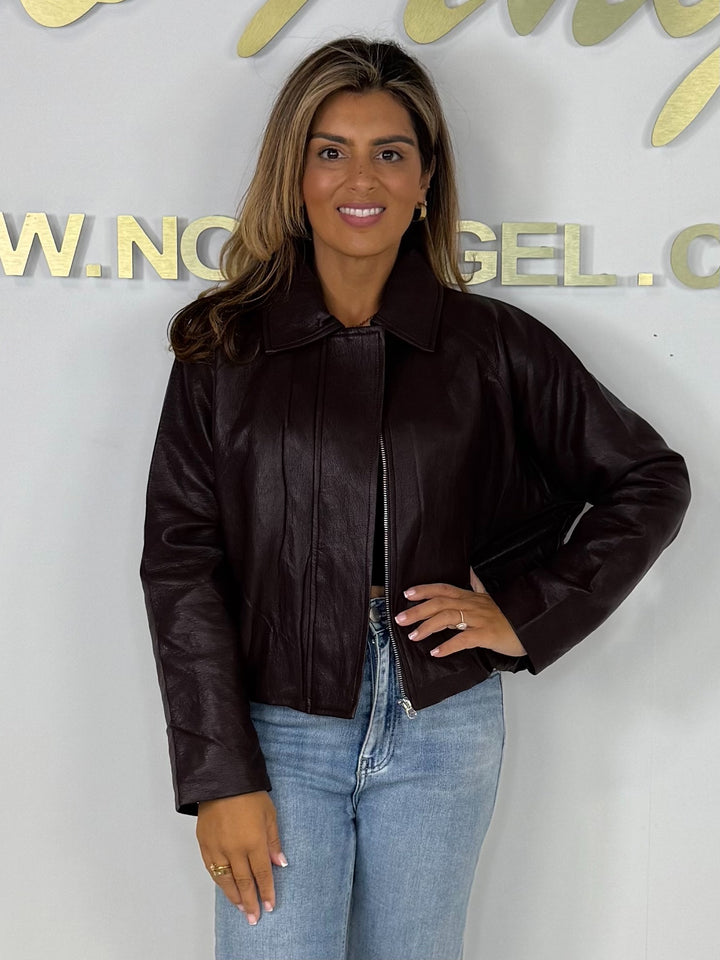 Collared Zip Up Leather Look Bomber Jacket (2 Colours)