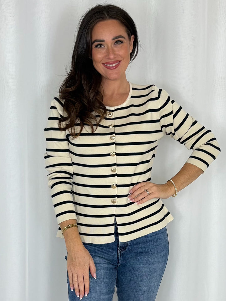 Striped Half Moon Shaped Gold Button Cardigan (3 Colours)