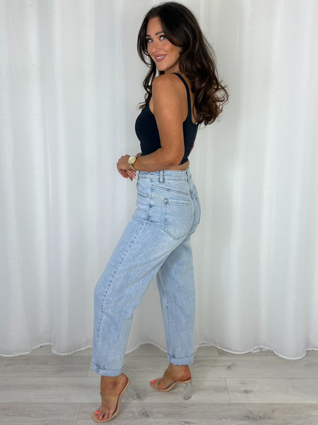 Light Denim Turn Up Bottom Mom Jeans