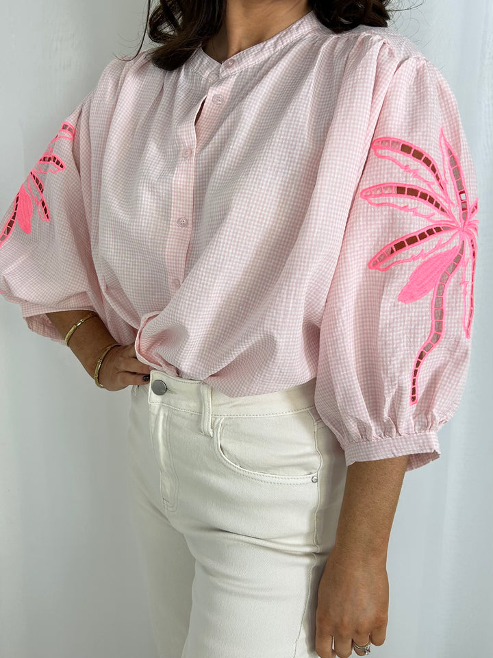 Pink Palm Tree Embroidered Long Sleeve Shirt