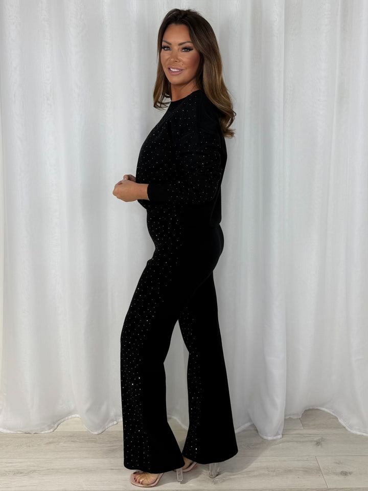 Black Scattered Diamante Soft Knit Straight Leg Co-Ord