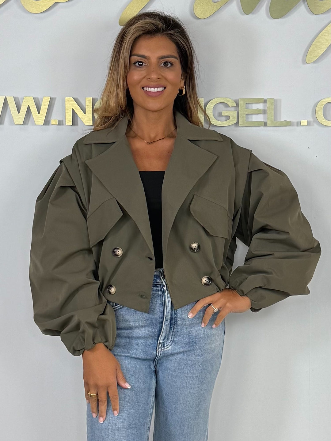 Collared Double Breasted Cropped Trench Balloon Sleeve Coat (2 Colours)