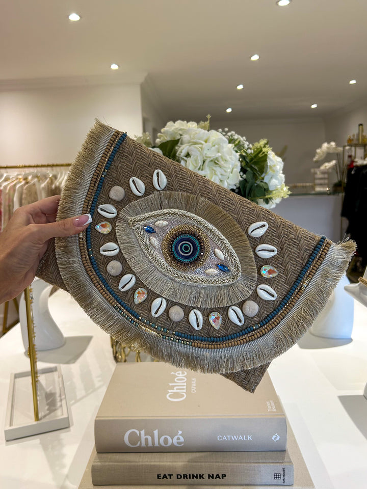 Evil Eye Shell Detail Clutch Bag
