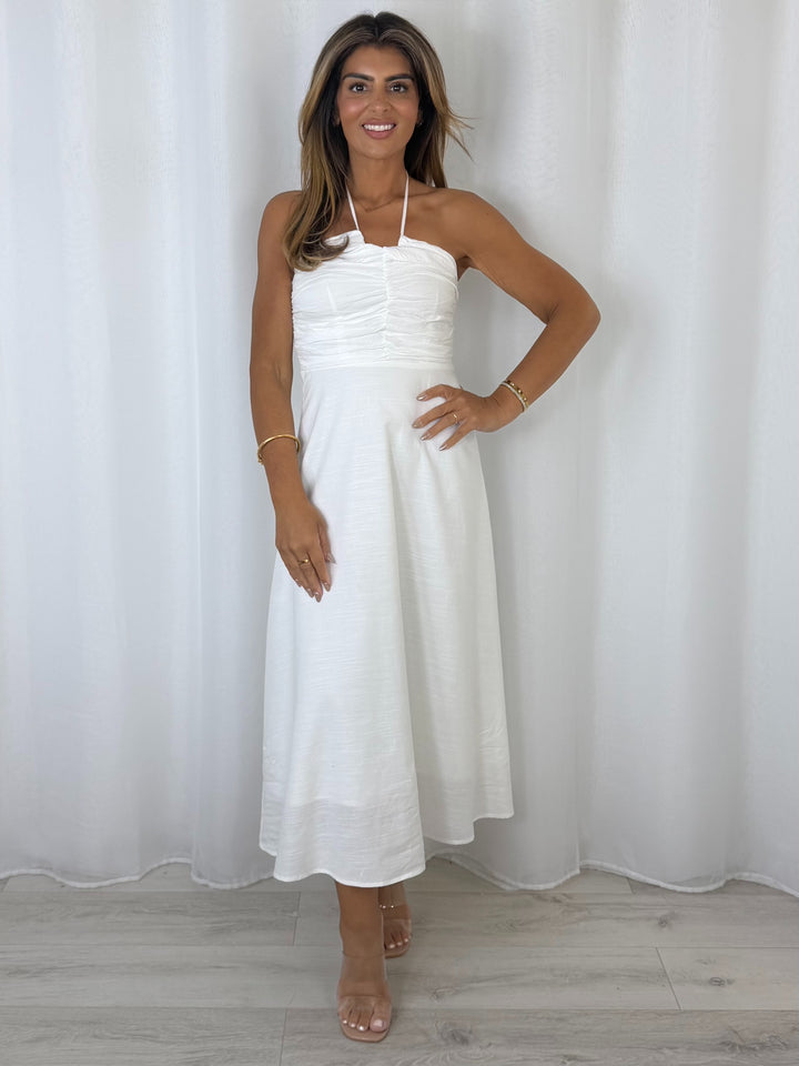 Ruched Tie Neck Smocked Back Midi Dress (2 Colours)