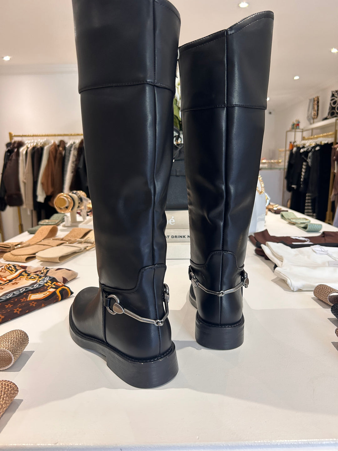 Faux Leather Silver Bit Detail Knee Length Boots