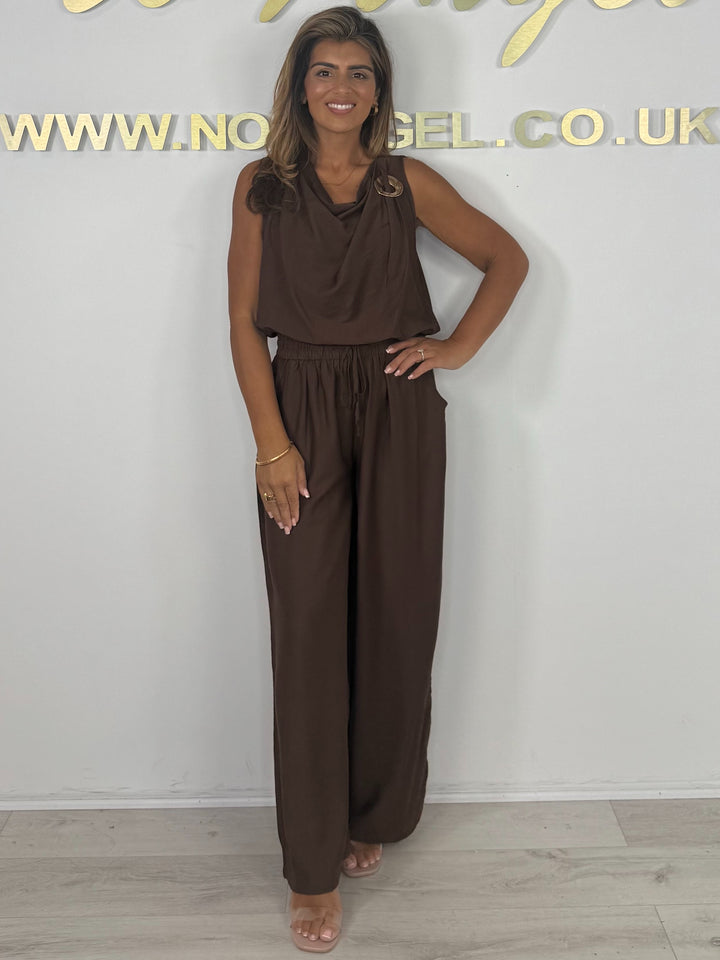 Cowl Neck Gold Disk Detail Elasticated Waist Trouser Co-ord (3 Colours)