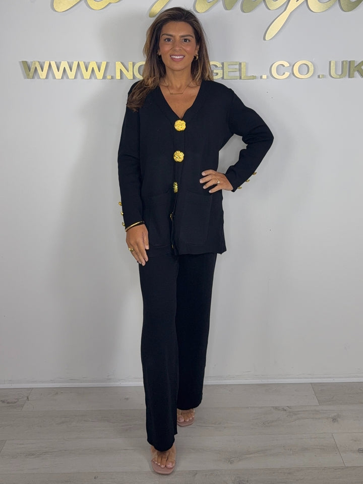 Black Gold Button Soft Knit Longline Trouser Co-Ord