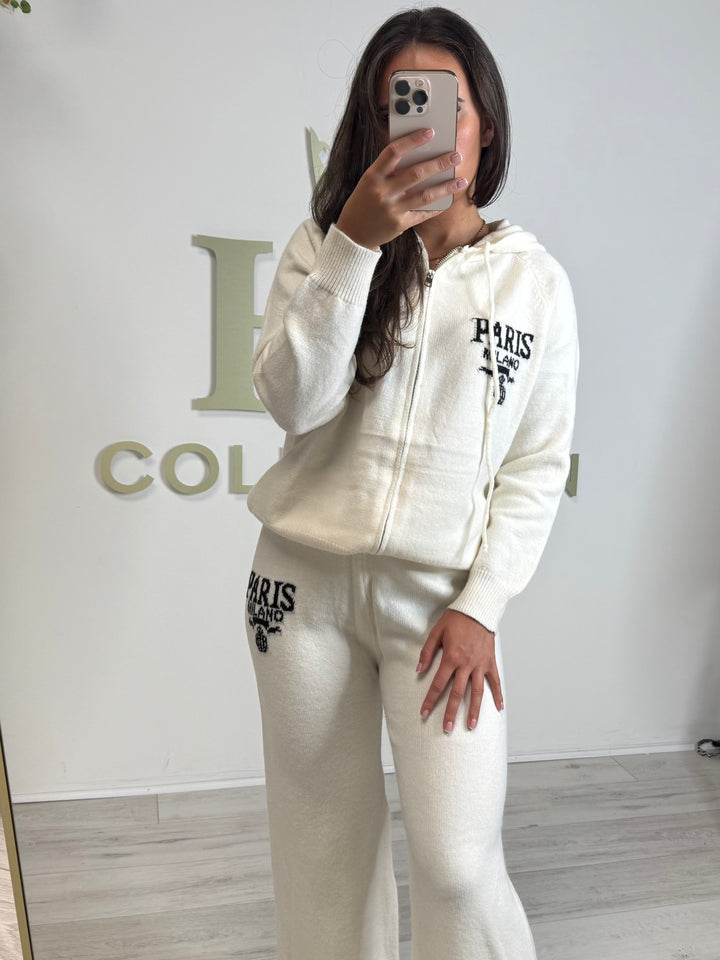 Soft Knit Embroidered Paris Hooded Zip Up Trouser Co-ord (2 Colours)