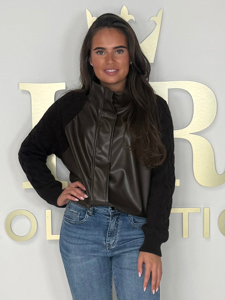 Funnel Neck Faux Leather Cable Knit Arm Jacket (2 Colours)