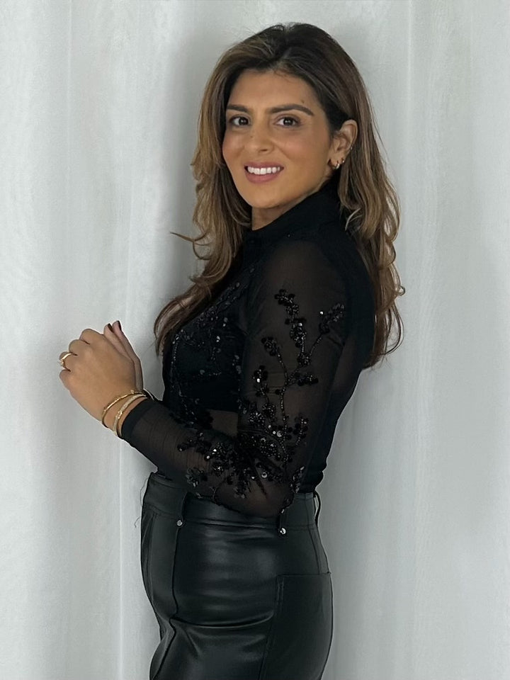 Black Sheer Sequin Flower Collared Button Up Bodysuit
