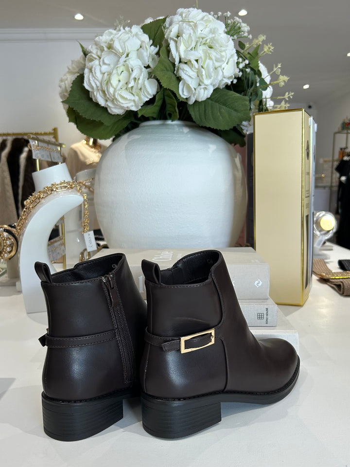 Full Faux Leather Gold Buckle Side Ankle Boots (2 Colours)