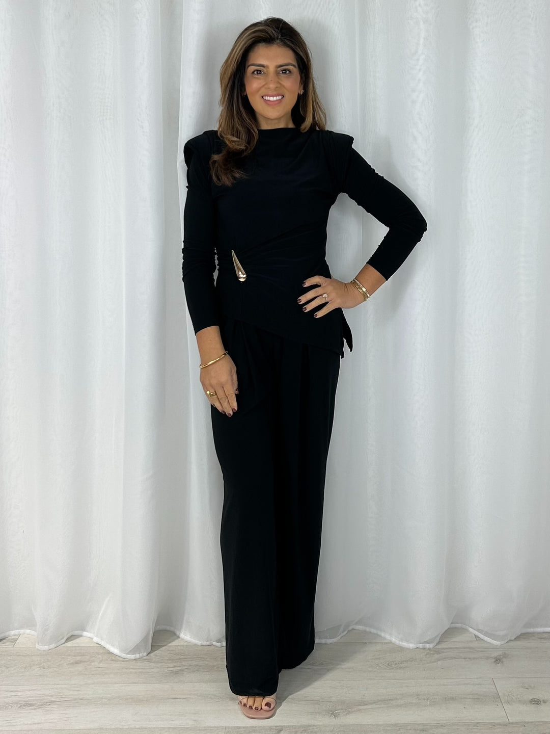 Shoulder Pad Long Sleeve Ruched Gold Hardware Trouser Co-Ord (4 Colours)