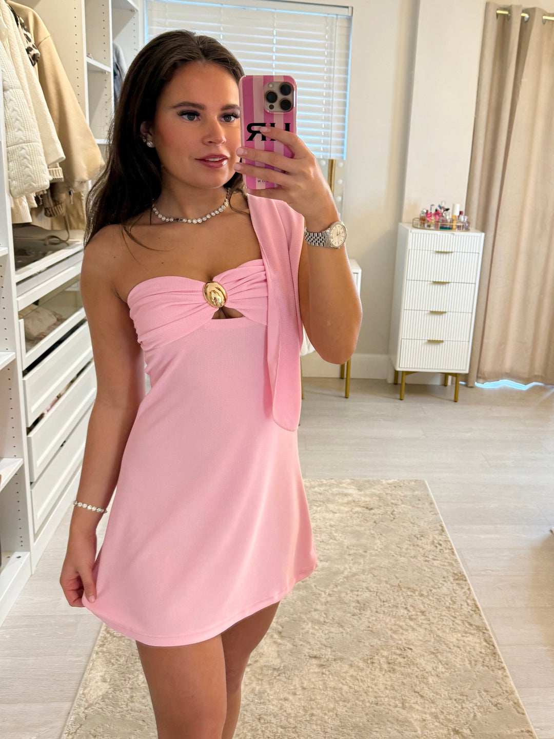 Bandeau Wrap Shoulder Gold Detail Mini Dress (3 Colours)
