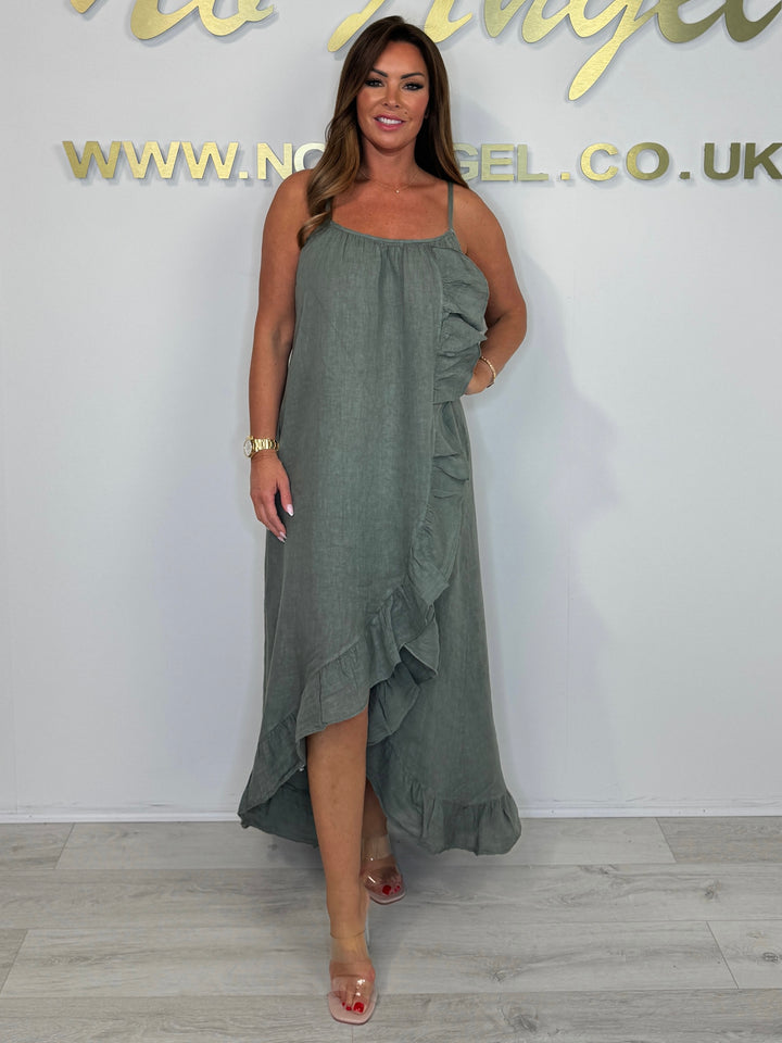 Linen Spaghetti Ruffle Detail Maxi High Low Dress (3 Colours)