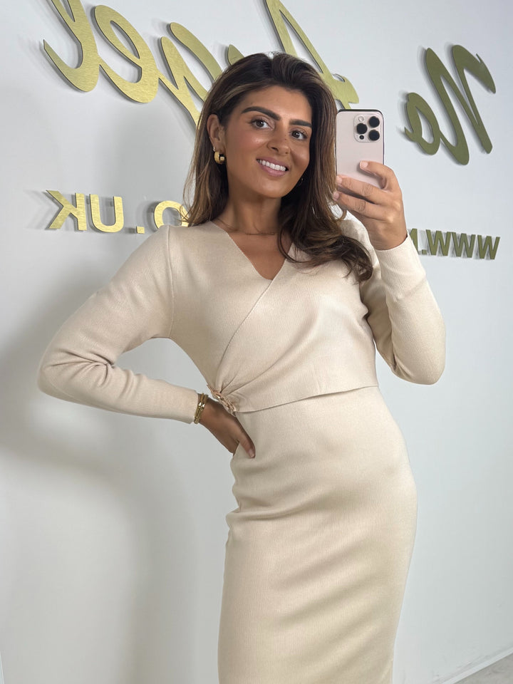 Long Sleeve Wrap Style Gold Buckle Detail Midi Knit Dress (3 Colours)