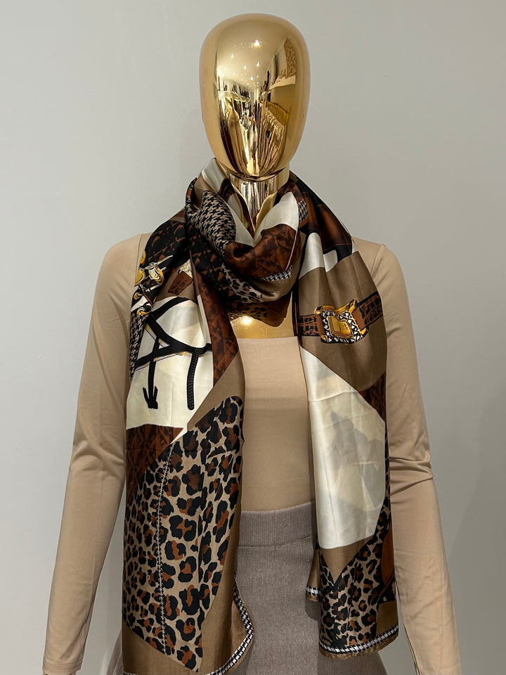 Satin Printed Leopard Bag Watch Design Scarf (2 Colours)