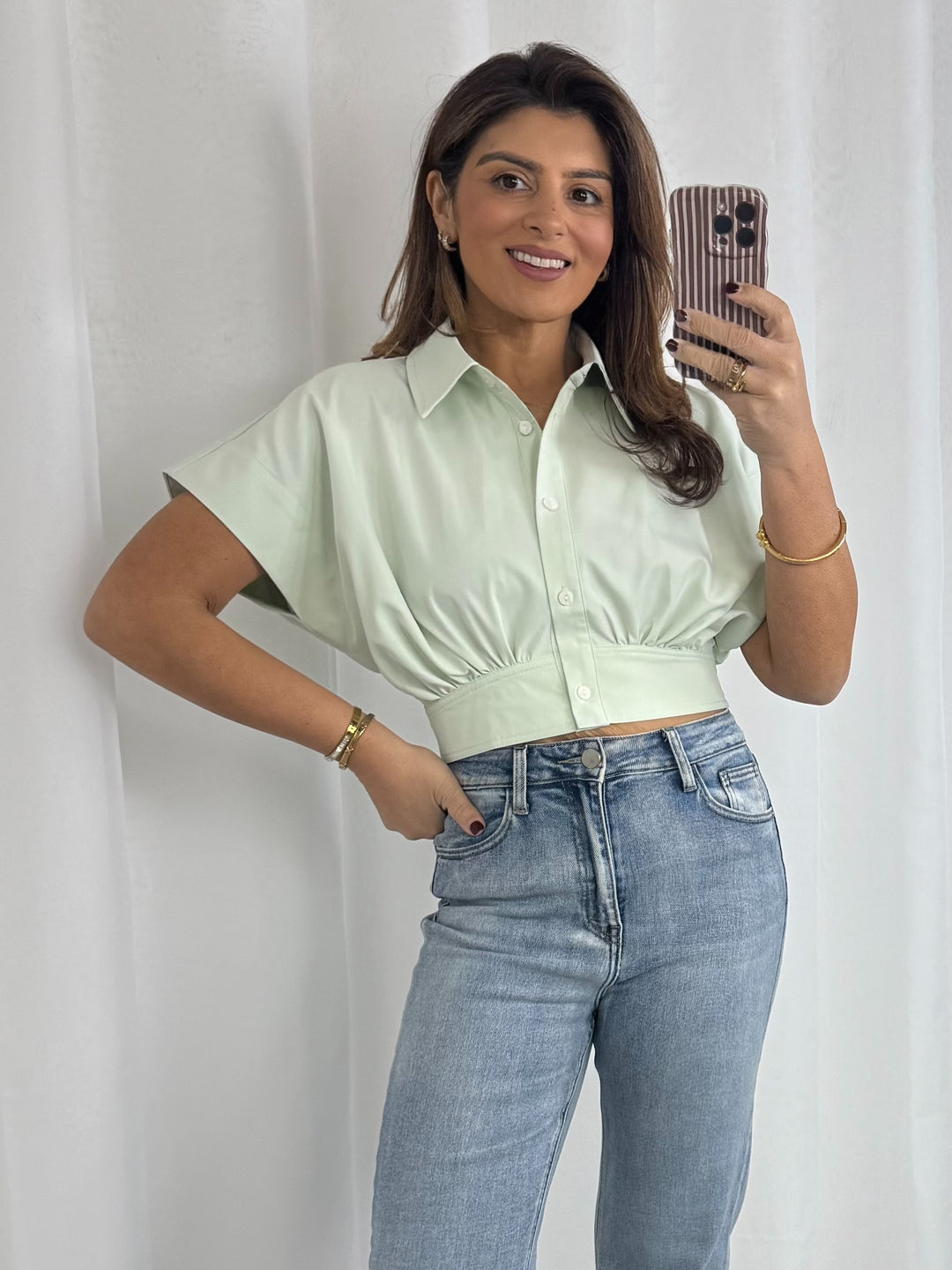 Mint Collared Cap Sleeve Cinched Waist Shirt
