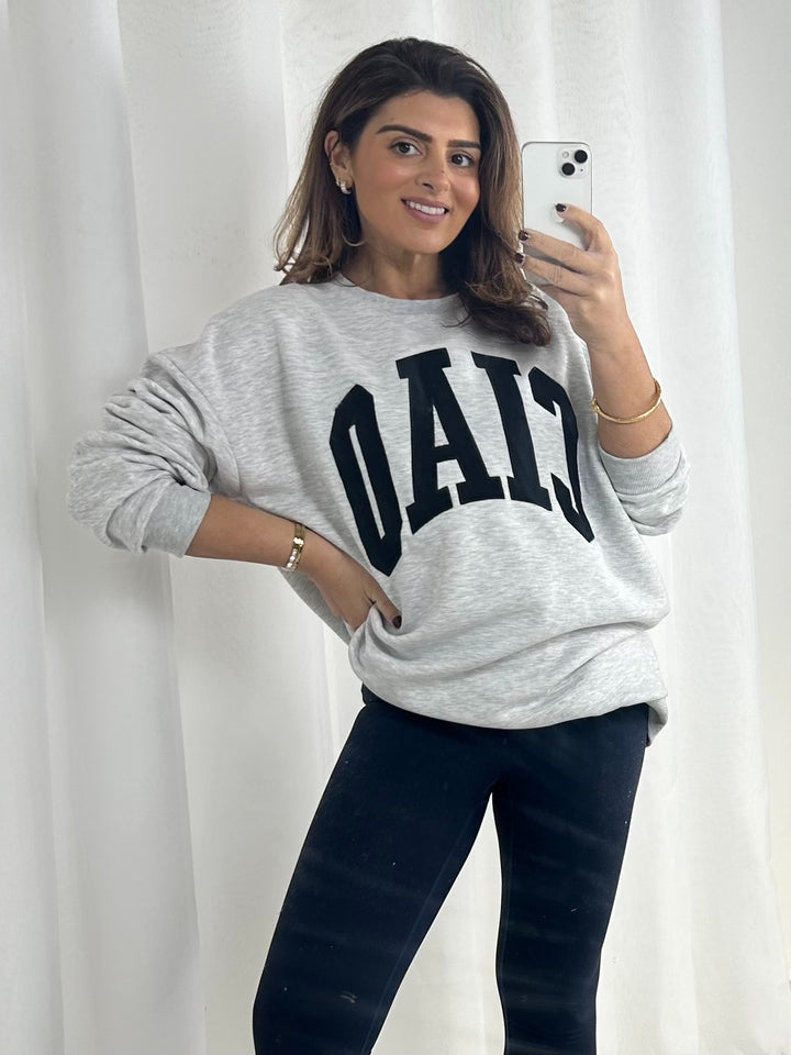Grey Ciao Motif Round Neck Sweatshirt