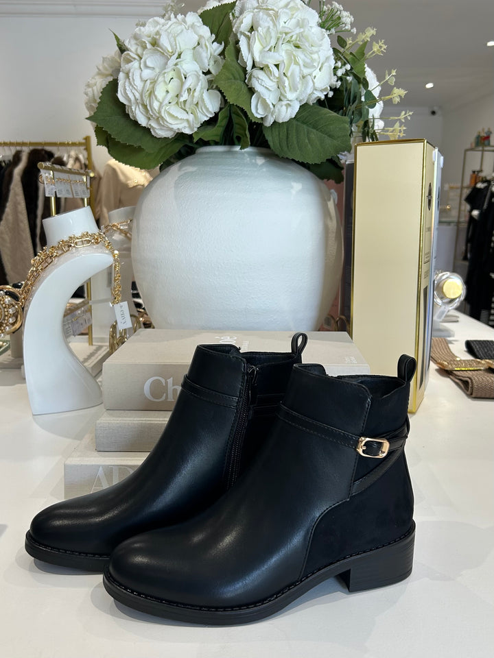 Faux Leather & Suede Gold Buckle Ankle Boots (2 Colours)