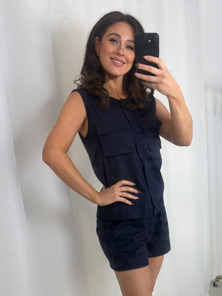 Navy Pocket Front Top & Shorts Co-Ord