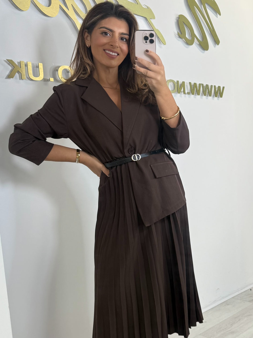 Long Sleeve Collared Belted Pleated Bottom Dress (2 Colours)