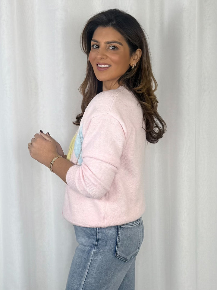 Yellow/Blue Diamond Design Button Up Pink Cardigan