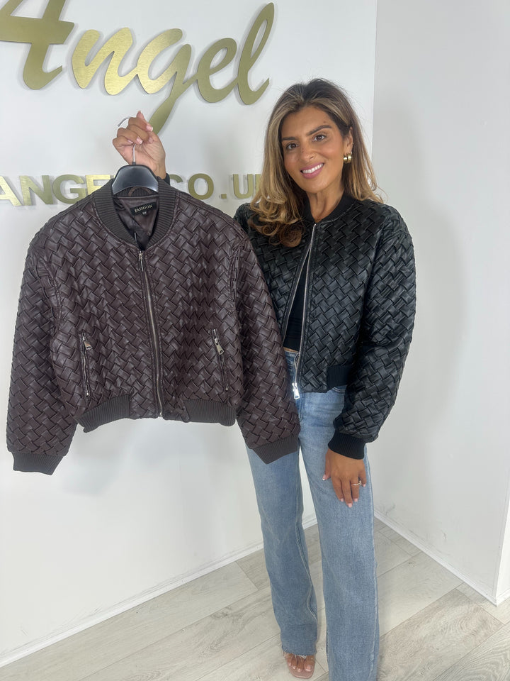 Quilted Woven Zip Up Leather Look Bomber Jacket (2 Colours)