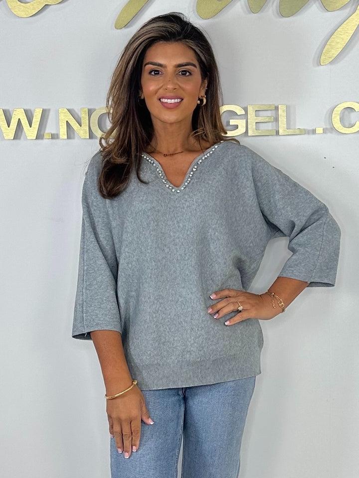 Soft Knit V-Neck Pearl Trim Jumper (6 Colours)