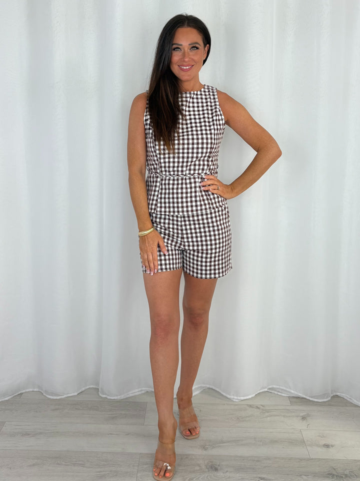 Brown Chequered Top And Short Co-Ord