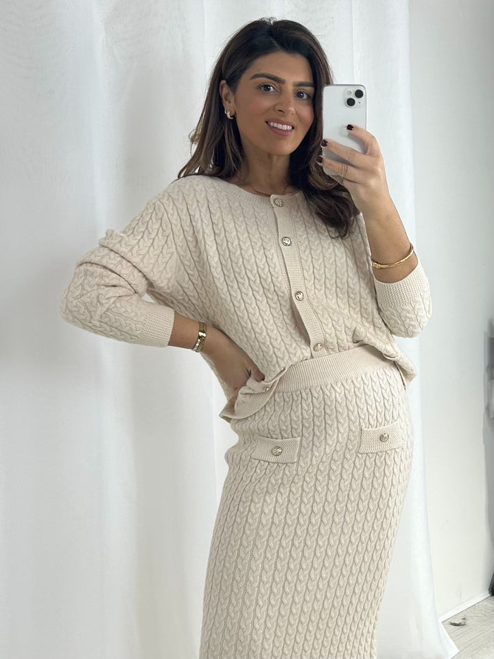 Cable Knit Gold Button Up Cardigan & Midi Skirt Co-Ord (4 Colours)