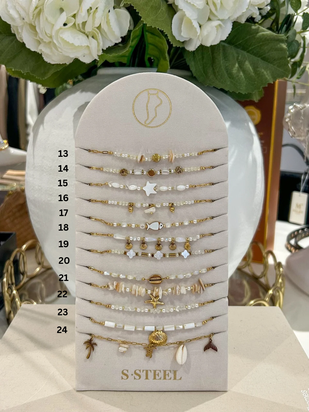 Gold Beaded White Anklets (24 Styles)